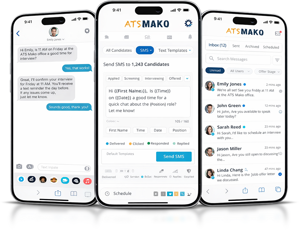 ATS Mako on mobile — SMS inbox, bulk send, and candidate messaging